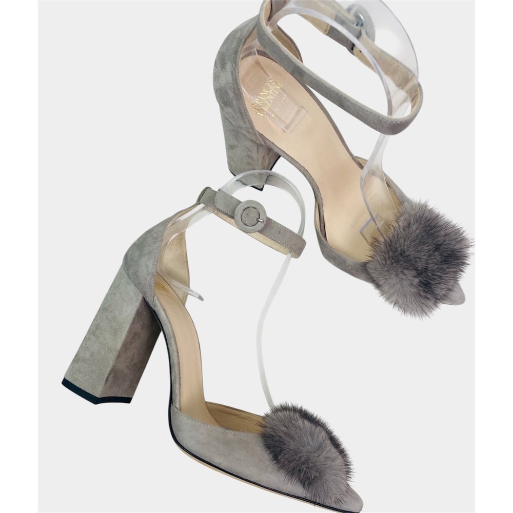Frances Valentine Suede Fur Pom Block Heel Pumps‎ Women 6.5 Grey Good Italy